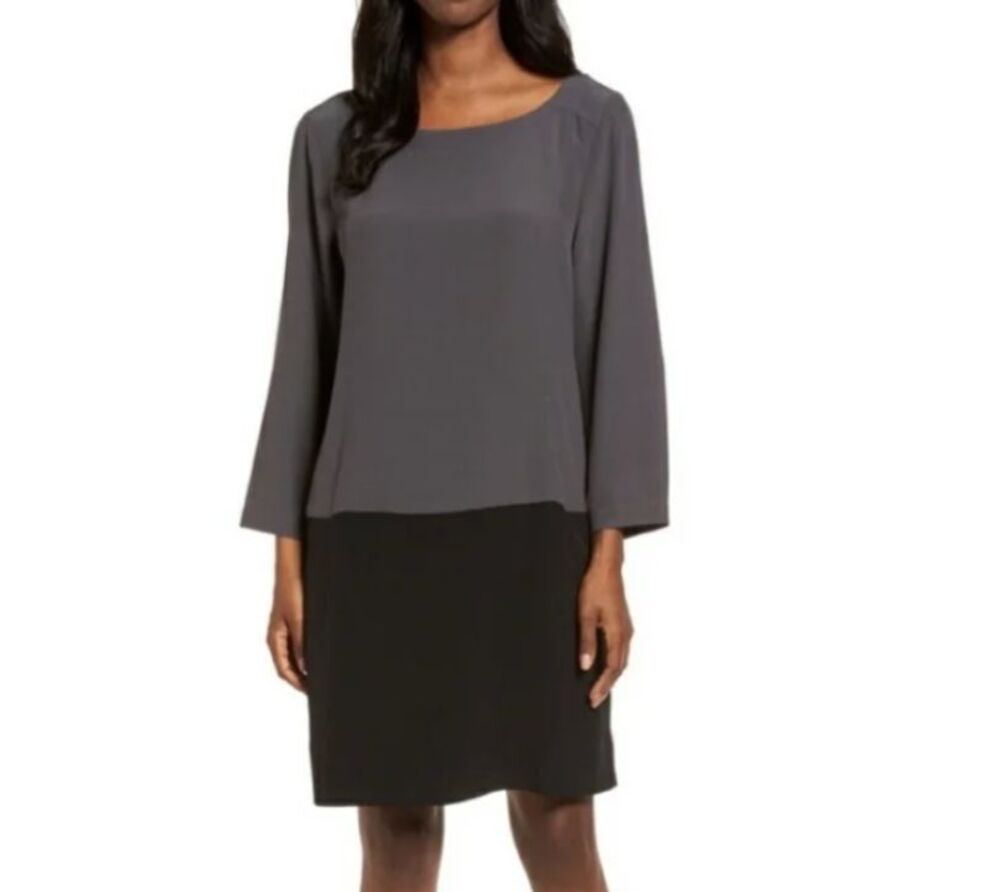 Eileen Fisher Tencel Colorblock Shift Dress Gray Black 3/4 Sleeve Medium